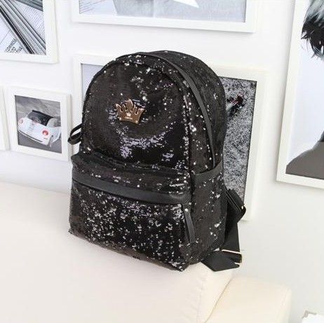 Mochila Zipper lantejoulas adornadas preta