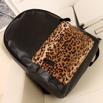 Mochilas com Zippe Casual couro de leopardo preto